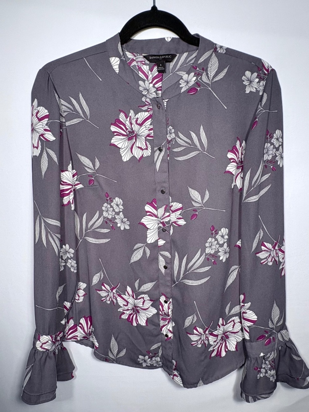 Banana Republic Muted Gray Floral Button Up Split Bell Sleeve
